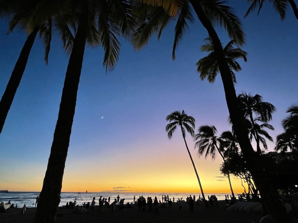Tall palm trees loom in silhouette over Kuhio Beach during sunset at Waikiki in Honolulu. Photo ©Kate Dana