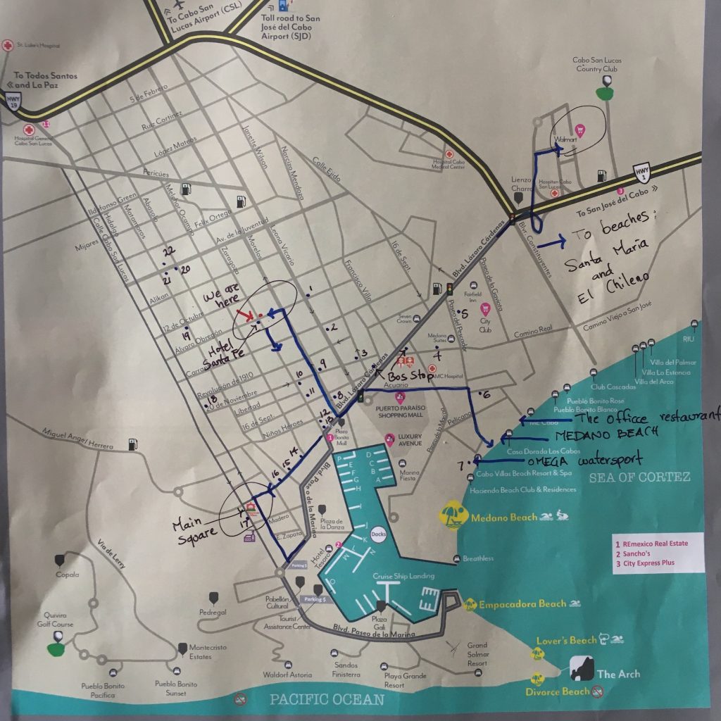 A colorful map with destinations noted on it for Cabo San Lucas, Mexico, photo © Kate Dana
