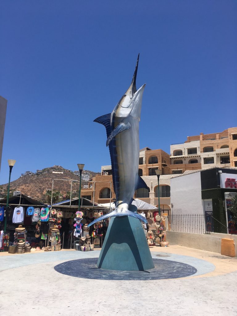 A huge silver sailfish statue points upward in the Marina area in Cabo San Lucas, Mexico photo © Kate Dana