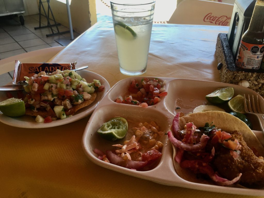 Delicious fish tacos and ceviche de camaron tostadas at Tacos Los Claros in Cabo San Lucas, Mexico photo © Kate Dana