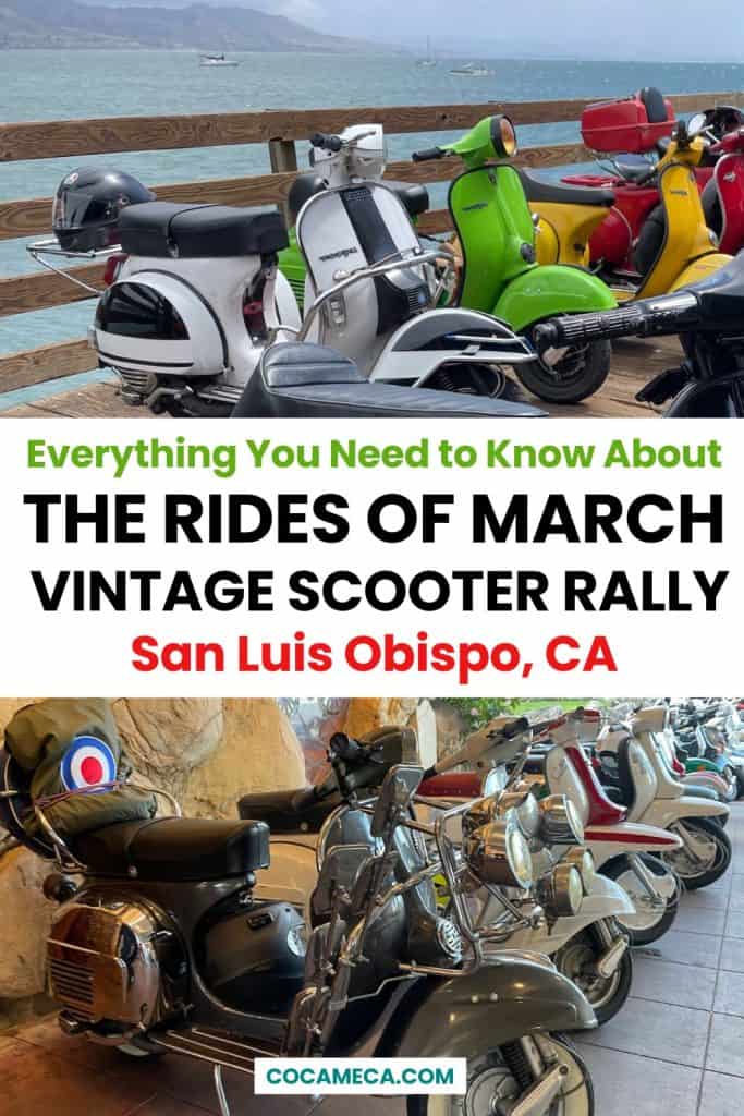 Pinterest graphic with colorful images of Italian Vespa and Lambretta motor scooters for the annual Rides of March scooter rally in San Luis Obispo, CA, photo ©Kate Dana