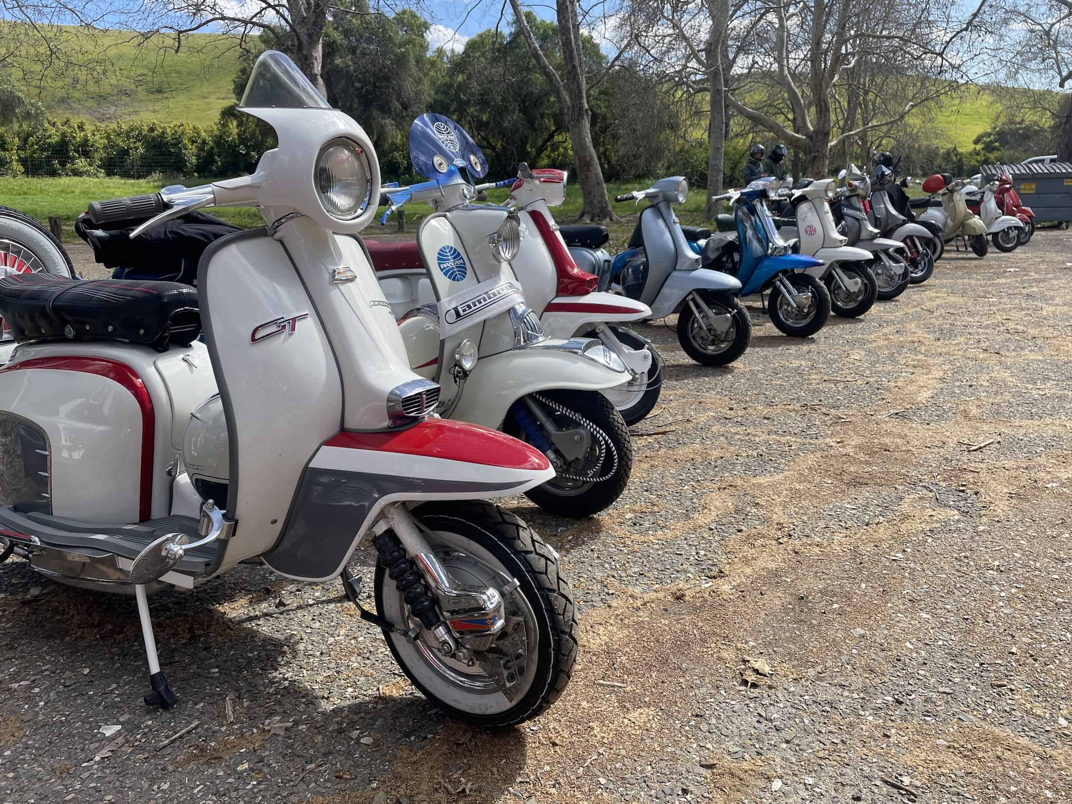 Colorful, vintage Lambrettas and Vespas, Italian-made motor scooters visiting San Luis Obispo, California, for the annual Rides of March rally, sit parked side-by-side in the lot of a day-use public park, photo ©Kate Dana