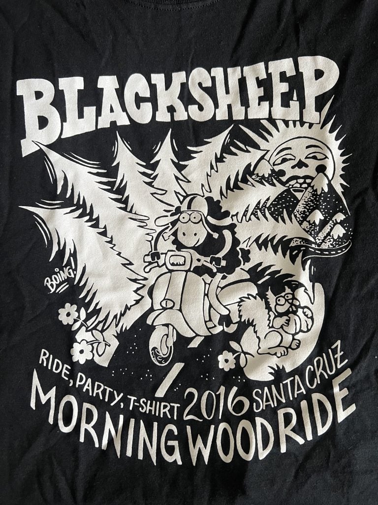 White graphics on a black t-shirt announcing the first Morning Wood Classic Scooter Weekend as the Morning Wood Ride with the Black Sheep Scooter Club in 2016 photo © Rick Kendrick