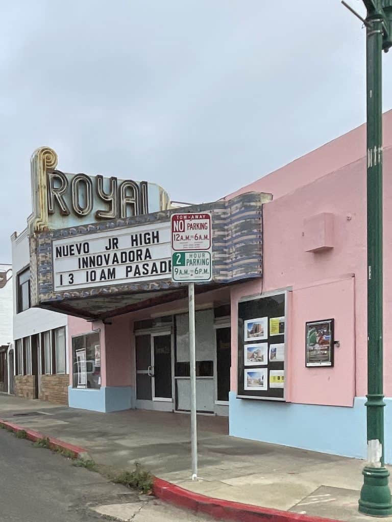 A colorful neon marquee in front of the Royal theater in downtown Guadalupe adds to the charm and history of this town in the Santa Maria Valley photo ©Kate Dana