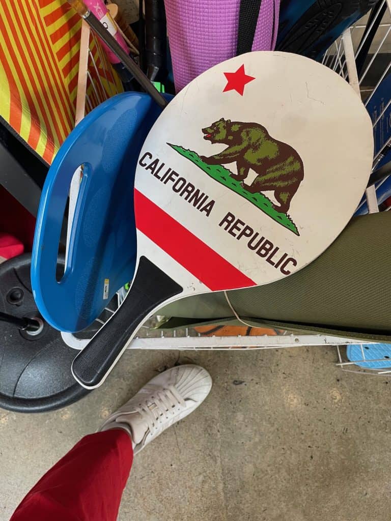 A colorful Pickleball paddle with the California Republic flag, featuring a bear and a red star, sits in a basket next to other sports equipment in this photo for 45 California Sayings to Get Stoked About Right Now, photo © Kate Dana