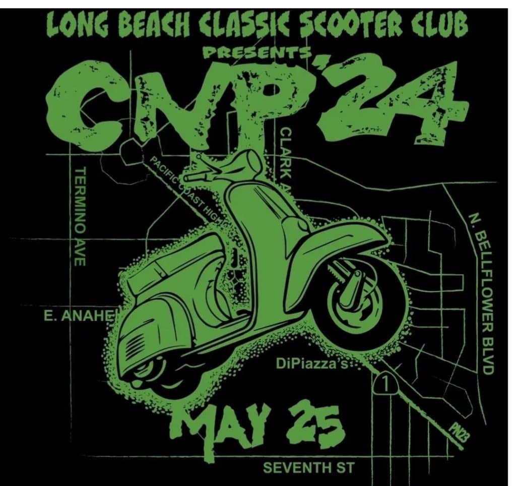 A green glowing scooter on a black graphic for the Long Beach Classic Scooter Club's annual Classic Not Plastic Scooter Rally, photo © Pete Nicholson used with permission 