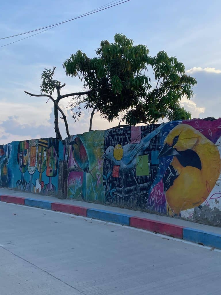 A multicolored mural with a yellow bird painted on a wall along a roadside against a blue sky with a green tree overhead during a day in enchanting Usiacuri, Colombia, photo ©Kate Dana