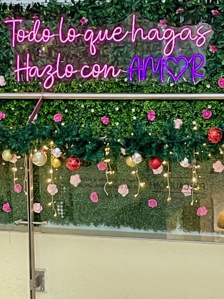 A colorful purple and pink neon sign against a green vine backdrop reads "Todo lo que hagas, hazlo con amor" in this photo ©Kate Dana