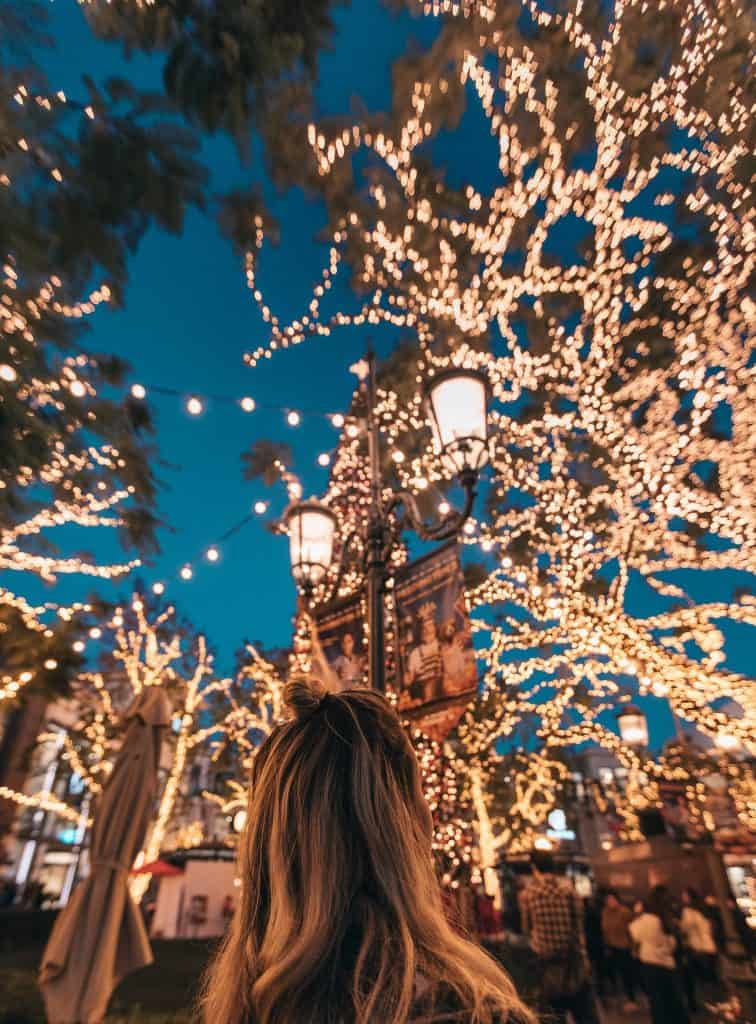 Holiday lights against green pine trees blurred against a city scape with the back view of a blonde person facing the festivities in this photo ©Roberto Nickson for Unsplash