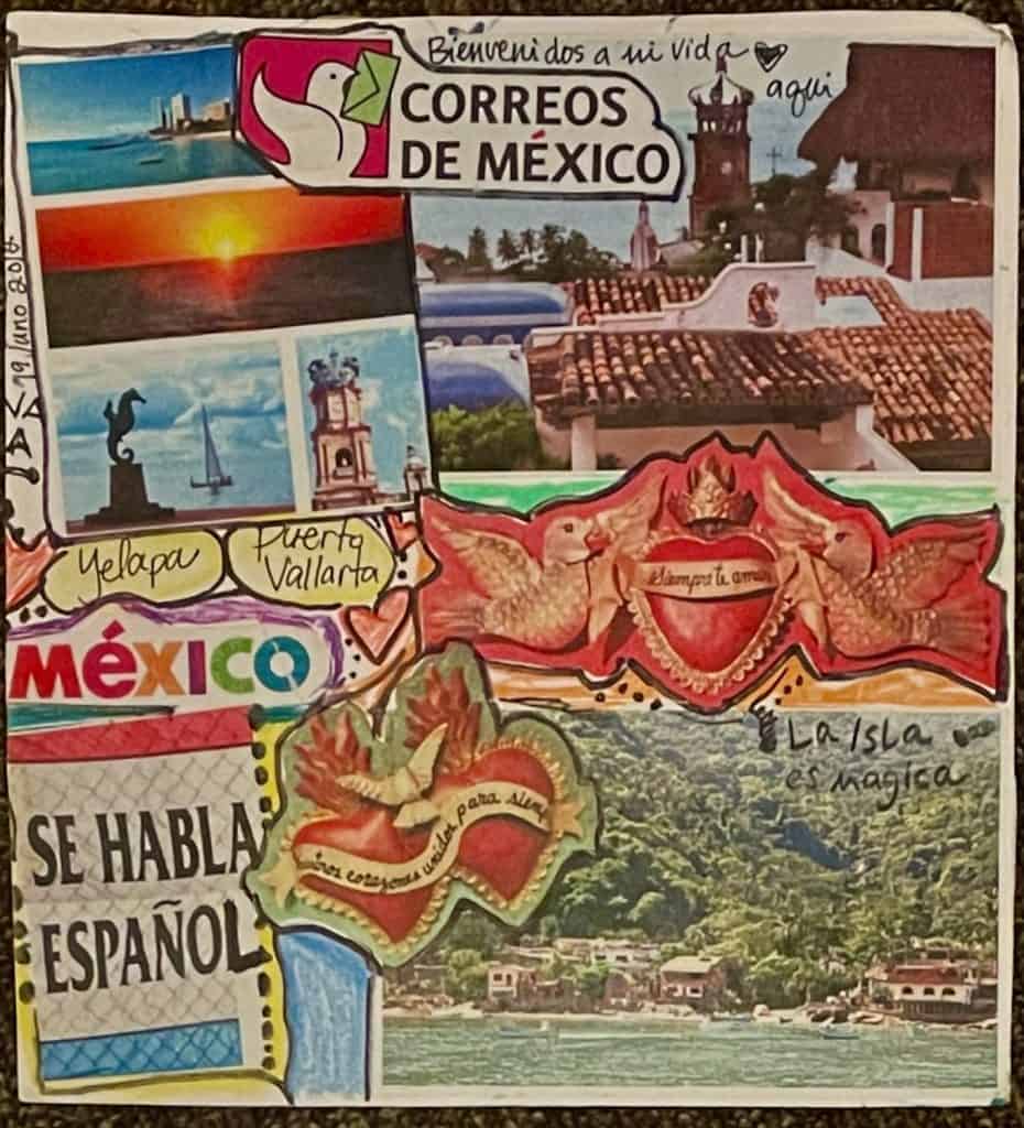 A beautiful, colorful collage featuring Correos de Mexico, si habla español, and large tin-type hearts with doves highlight the language for the article Mexican Slang for Beginners: Phrases to Know photo ©Kate Dana