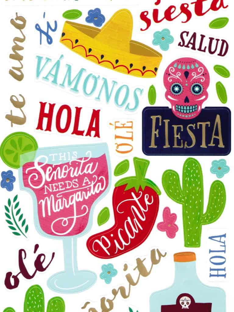 Colorful words and phrases in English and Spanish make up an eye-catching sticker page in this image for the article Mexican Slang for Beginners: Phrases to Know photo ©Kate Dana
