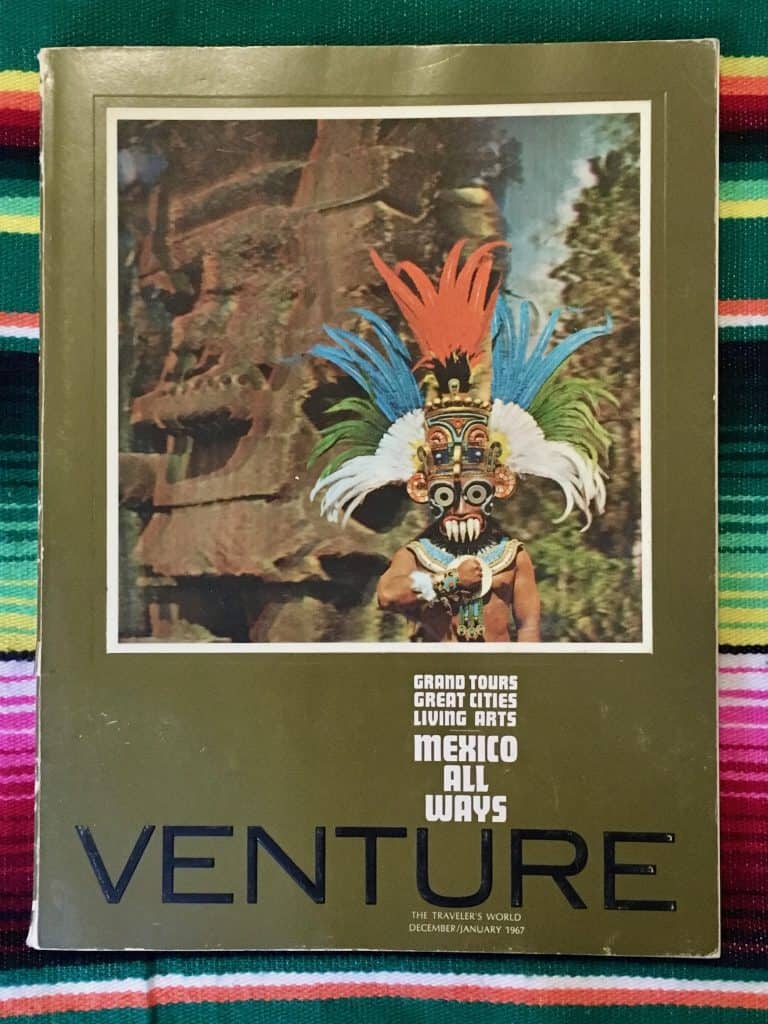 The colorful cover of a vintage issue of Venture magazine featuring Mexico All Ways shows a masked dancer before a large waterfall in this image for the article Mexican Slang for Beginners: Phrases to Know photo ©Kate Dana