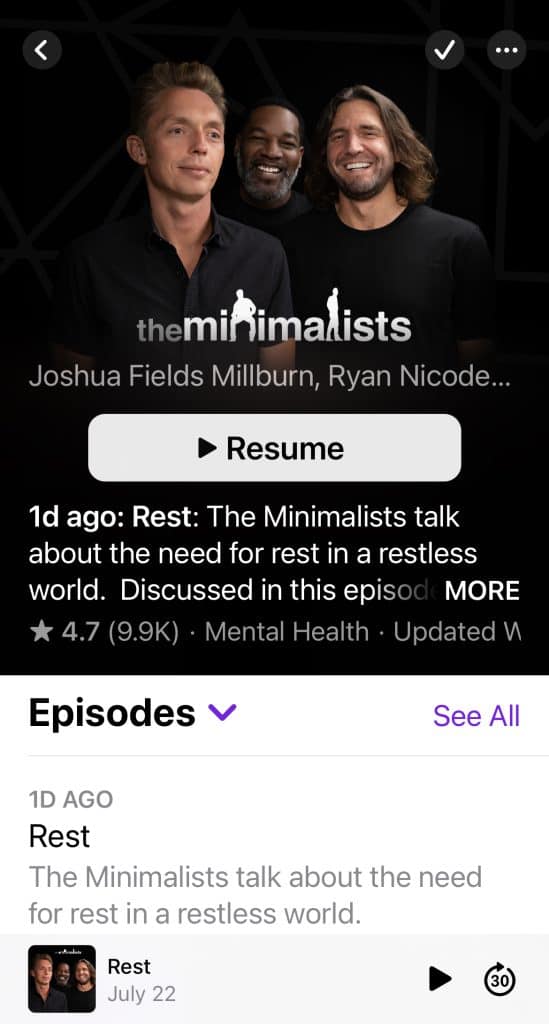 A screenshot of The Minimalists podcast featuring Joshua Fields Millburn and Ryan Nicodemus taken on an iPhone, photo ©Kate Dana
