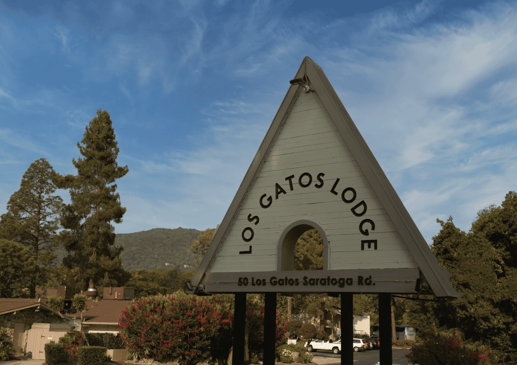 The peaked roof sign announcing the Los Gatos Lodge in Los Gatos, CA, HQ for Vintage Vespa Days 2021 and 2022, photo ©Kate Dana