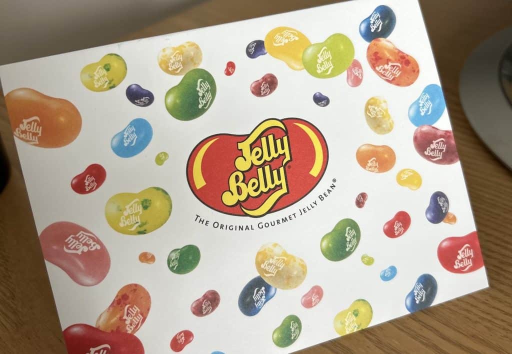 A colorful Jelly Belly printed card like the one received when sending a gift from the Jelly Belly website, photo ©Kate Dana