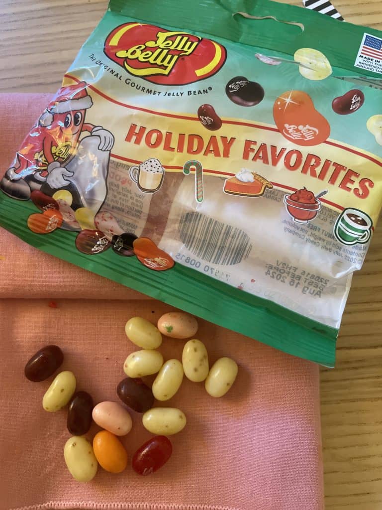 A small bag of Jelly Belly candies featuring holiday flavors like cranberry, egg nog, and pumpkin in this bag from the Jelly Belly Factory in Fairfield, CA, photo ©Kate Dana