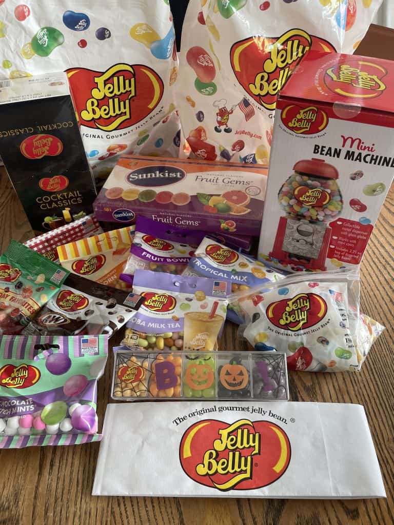 Bags of jelly beans, a mechanical glass dispenser bank, dutch chocolates, and cocktail favorites Jelly Belly candies are among the swag purchased by visitors to the Jelly Belly Factory in Fairfield, CA, photo ©Kate Dana