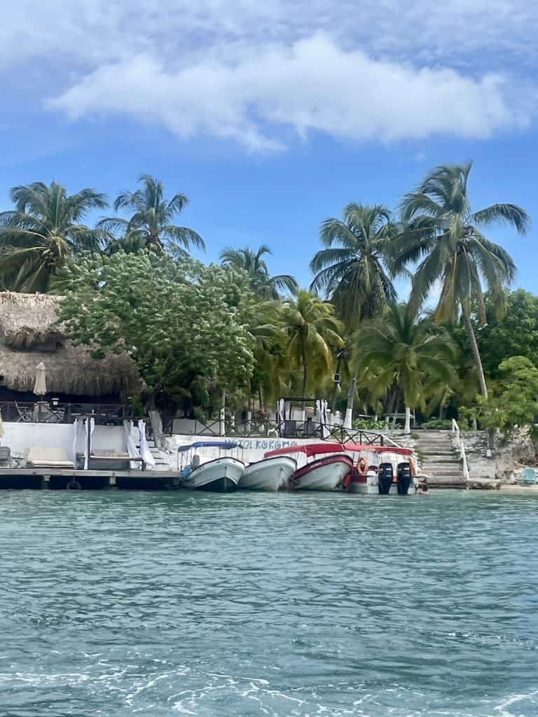 A view of two boats on an island shore taken from the water photo ©Kate Dana