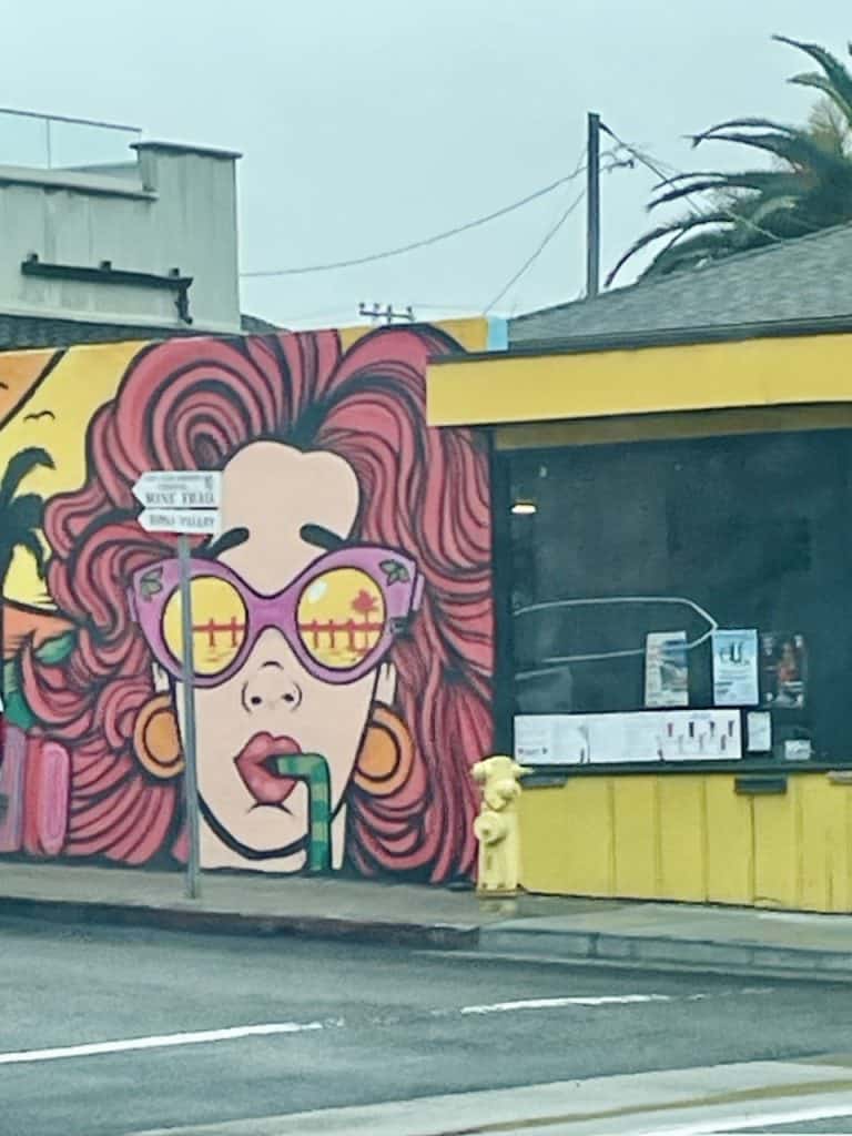 A colorful, painted mural of a person wearing sunglasses, sipping a soda in Pismo Beach, CA