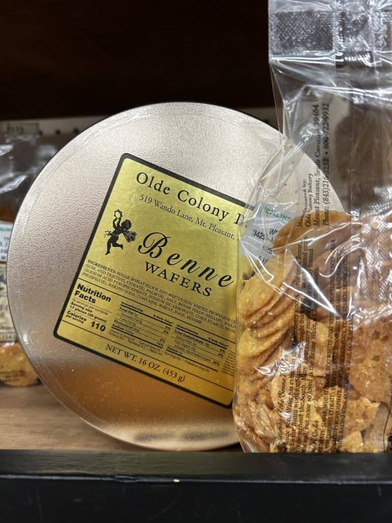 A silver tin and cellophane bag of traditional Benne Wafers from Charleston, S.C. photo ©Kate Dana