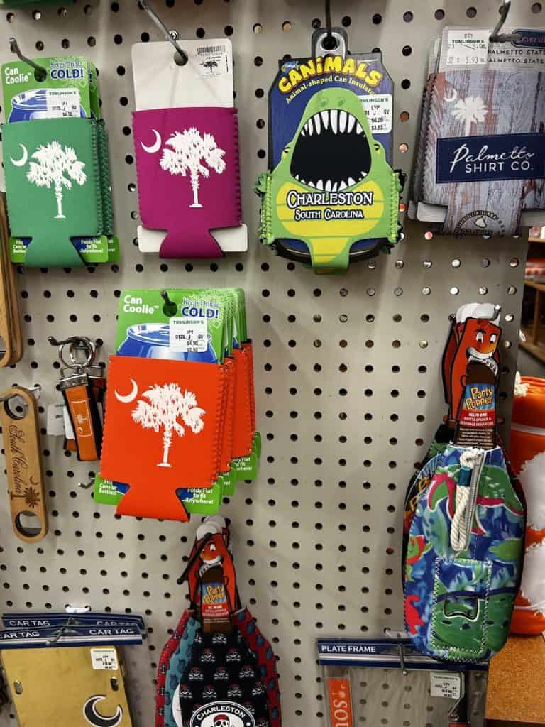 Koozies featuring palm tree motifs hang on a store wall in Charleston, S.C. photo ©Kate Dana