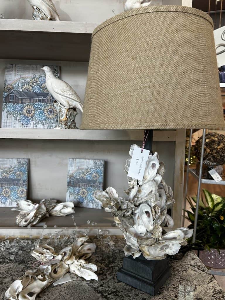 A beautiful oyster shell lamp on a table in a store near Charleston, S.C. photo ©Kate Dana
