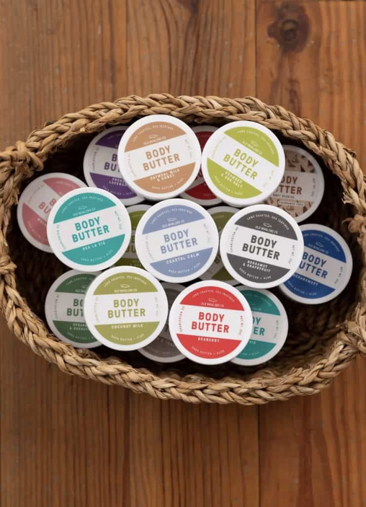 A basket filled with colorful body butter from the Old Whaling Co near Charleston, S.C. photo ©kindredandcrew.com