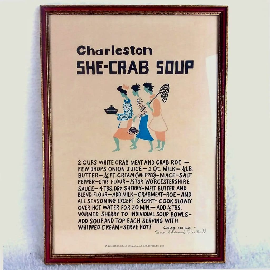 A vintage colorful print for a recipe of Charleston She Crab Soup by Samuel Ravenal Gaillard.