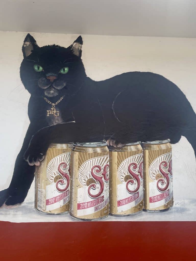 A black cat sits on a six pack of Sol beer in a wall mural painting in Cozumel, Mexico, photo ©Kate Dana