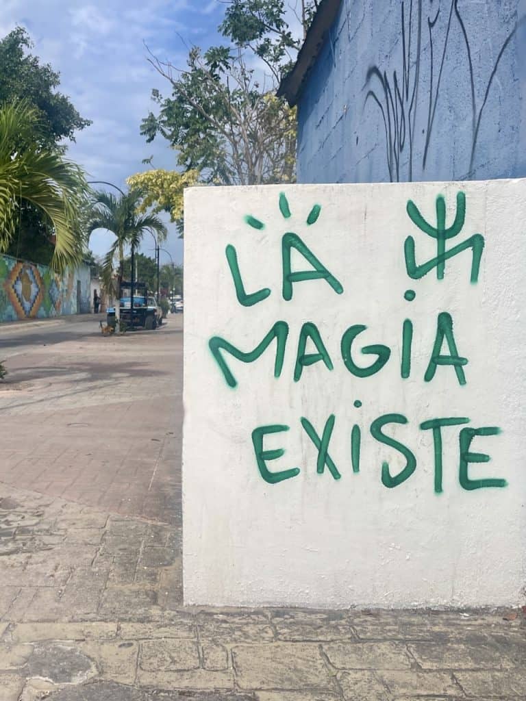 Graffiti on a wall facing the Centro in Isla Cozumel, Mexico reads, "La Magia Existe" ©Kate Dana
