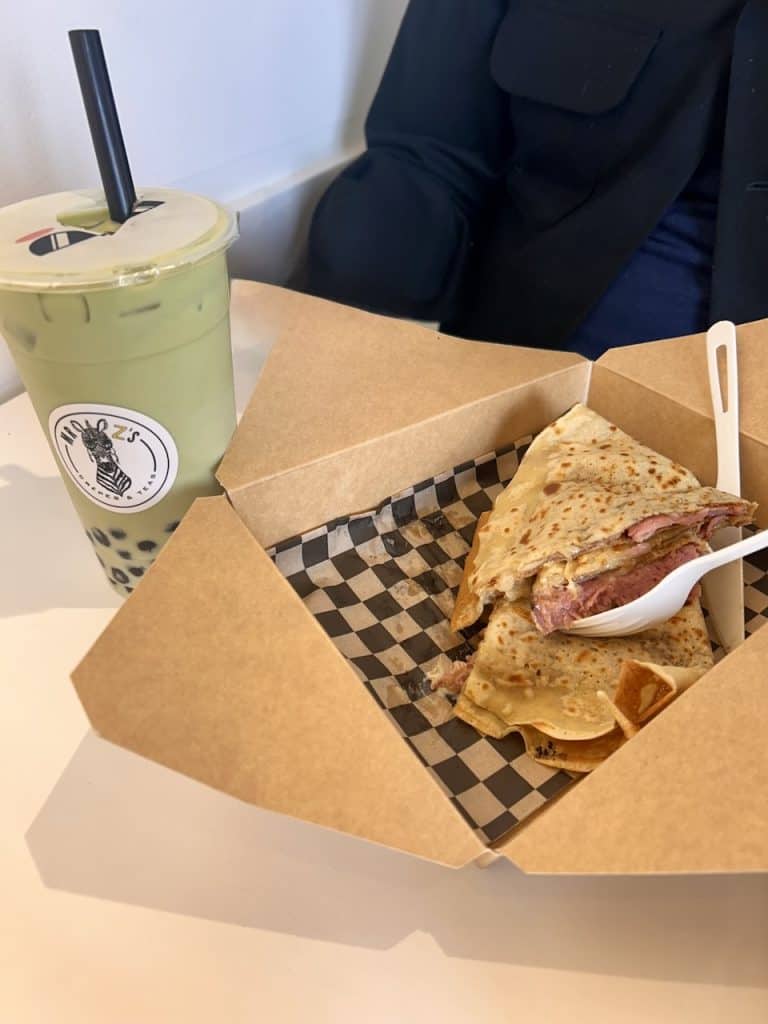 A grilled crêpe and Matcha boba tea from Mr. Z's at The Hangar in Watsonville, CA, photo ©Kate Dana