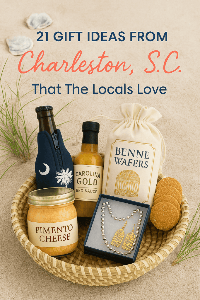 a composite of gifts from Charleston, S.C. in a basket, including pimento cheese, Carolina Gold sauce, and corn grits