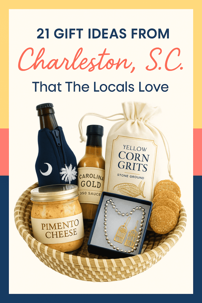 a composite of gifts from Charleston, S.C. in a basket, including pimento cheese, Carolina Gold sauce, and corn grits