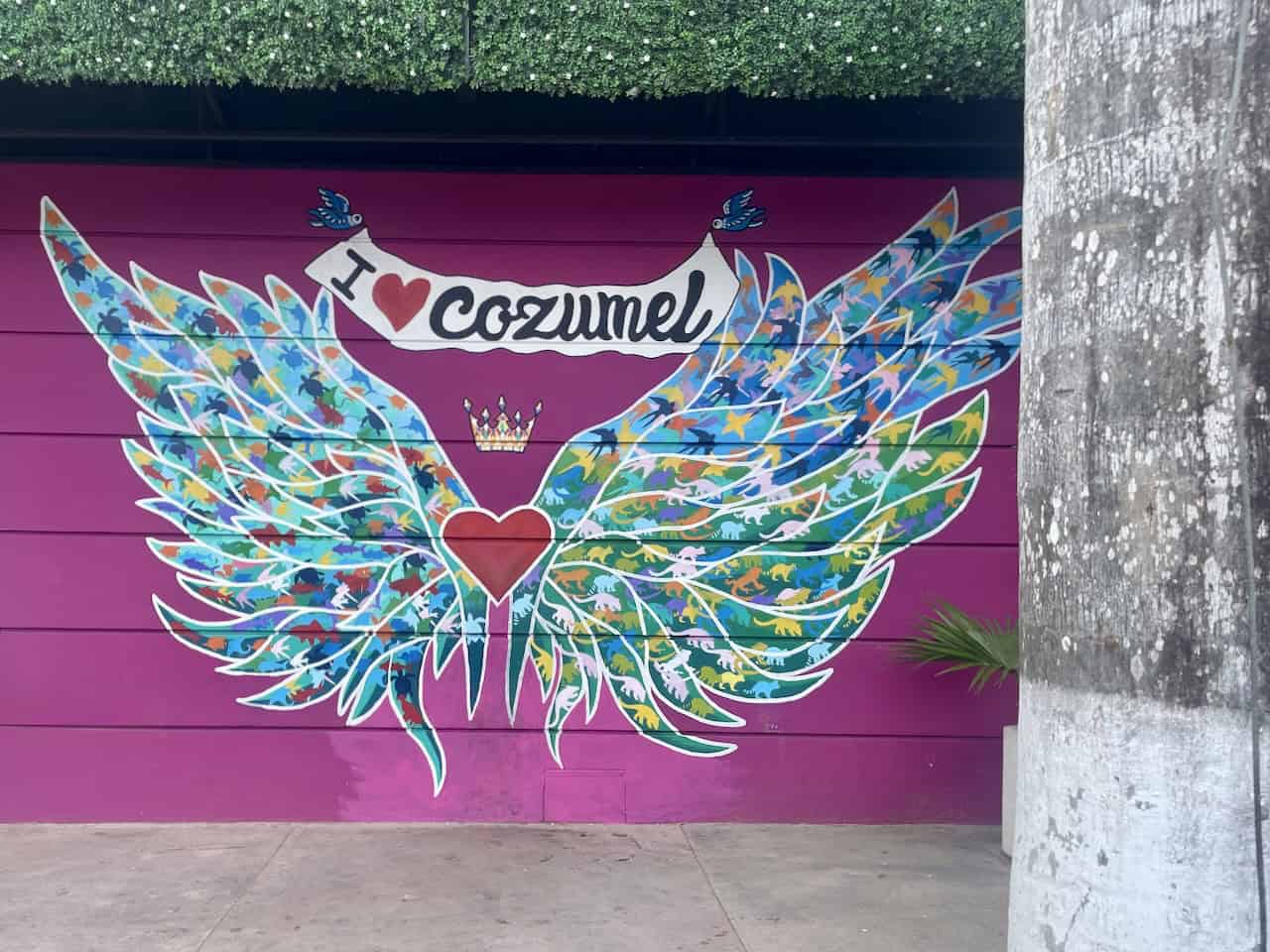 A pink wall with huge painted wings form a mural on a wall in Centro, Isla Cozumel, Mexico, photo ©Kate Dana