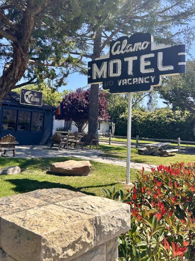 A vintage neon sign announces the Alamo Motel on a green front lawn, photo ©Kate Dana